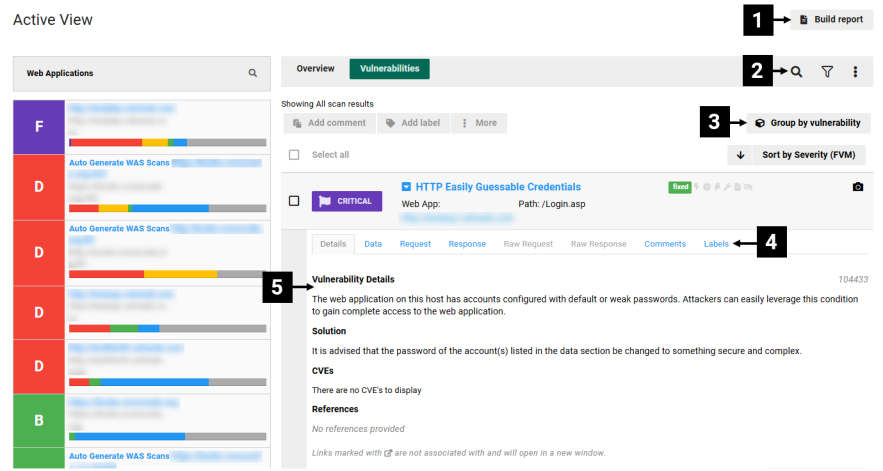 Frontline WAS Active View System Health Vulnerabilities page